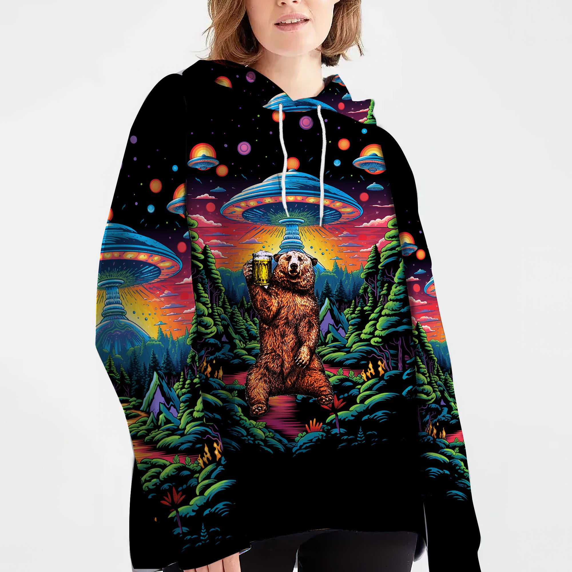 Bear Alien Night Drinking All Over Print Shirt
