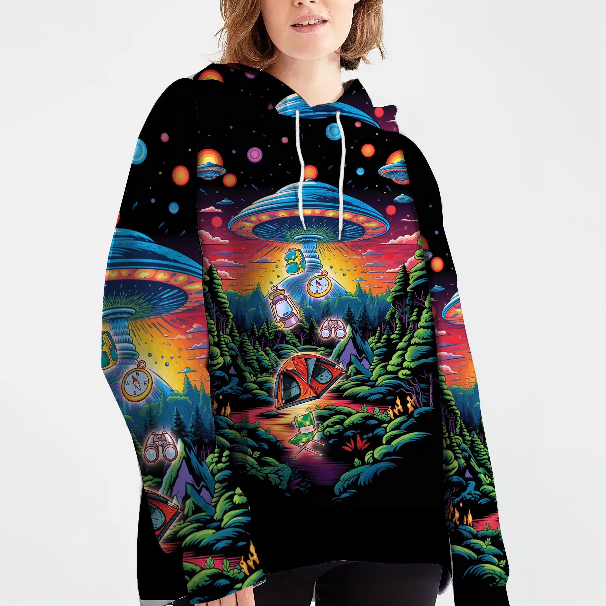 Alien UFO Abduction On Camping Site Night All Over Print Shirt