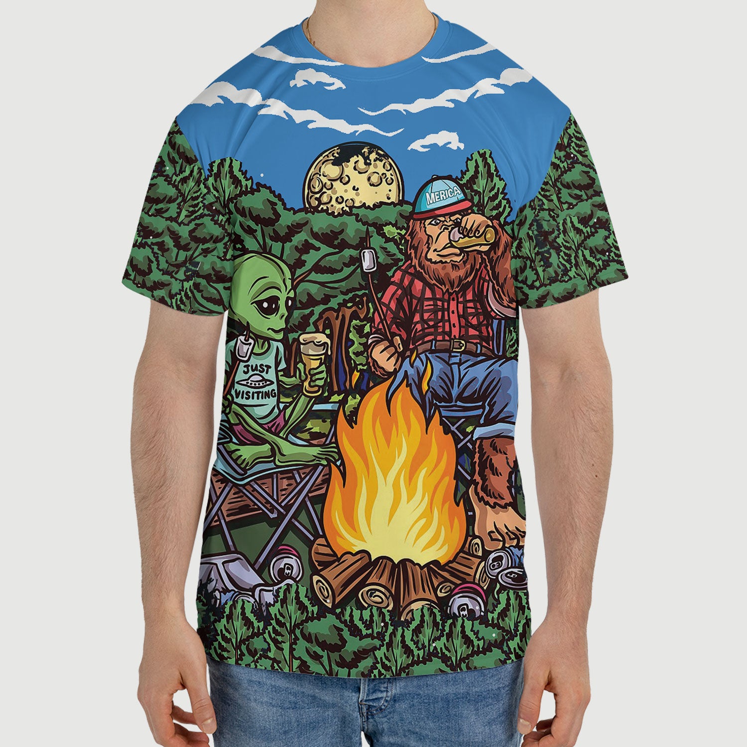 Alien Bigfoot Camping All Over Print Shirt