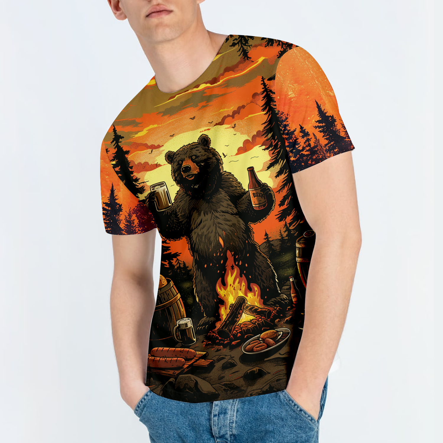 Funny Beer Bear Campfire All Over Print Shirt