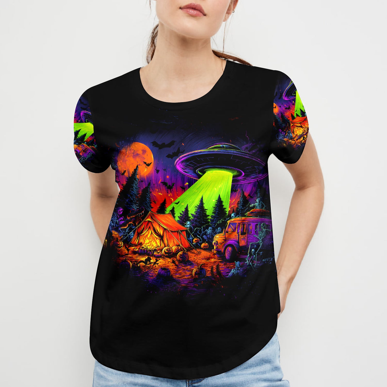 Alien Camp-O-Ween Invasion – UFO Halloween Camping All Over Print Shirt