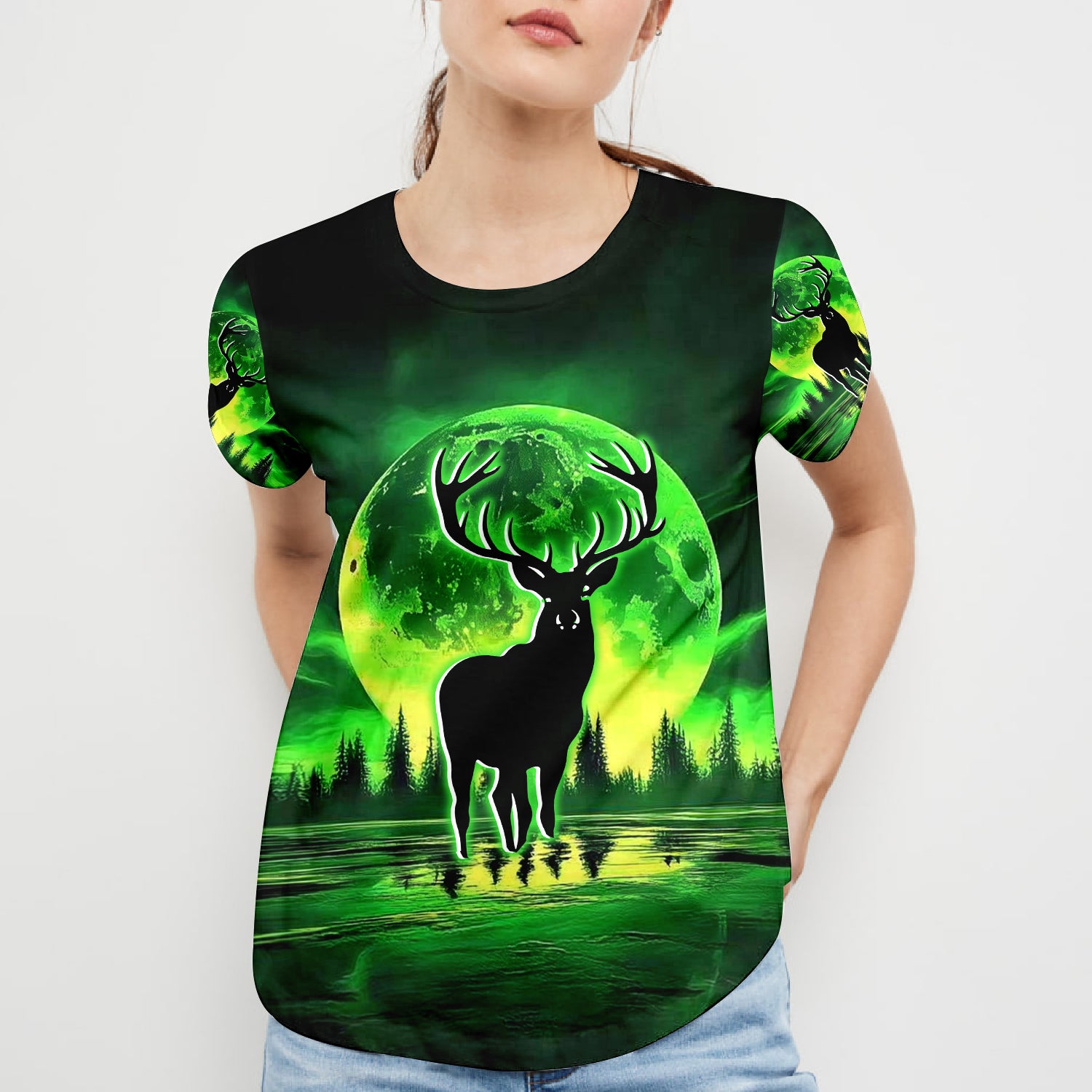 Deer Green Moonlit Art All Over Print Shirt