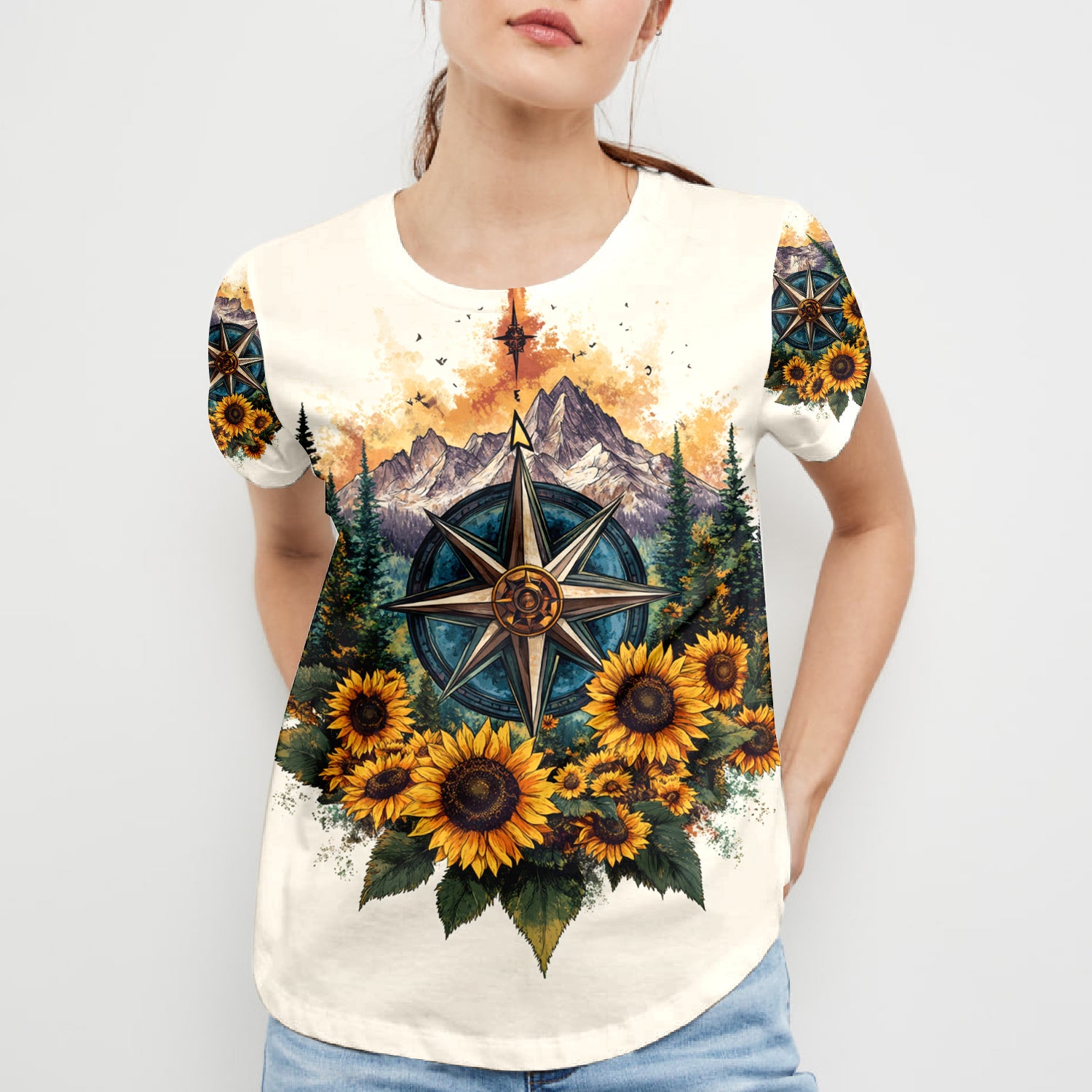Live For The Moments Compass Sunflower All Over Print Shirt