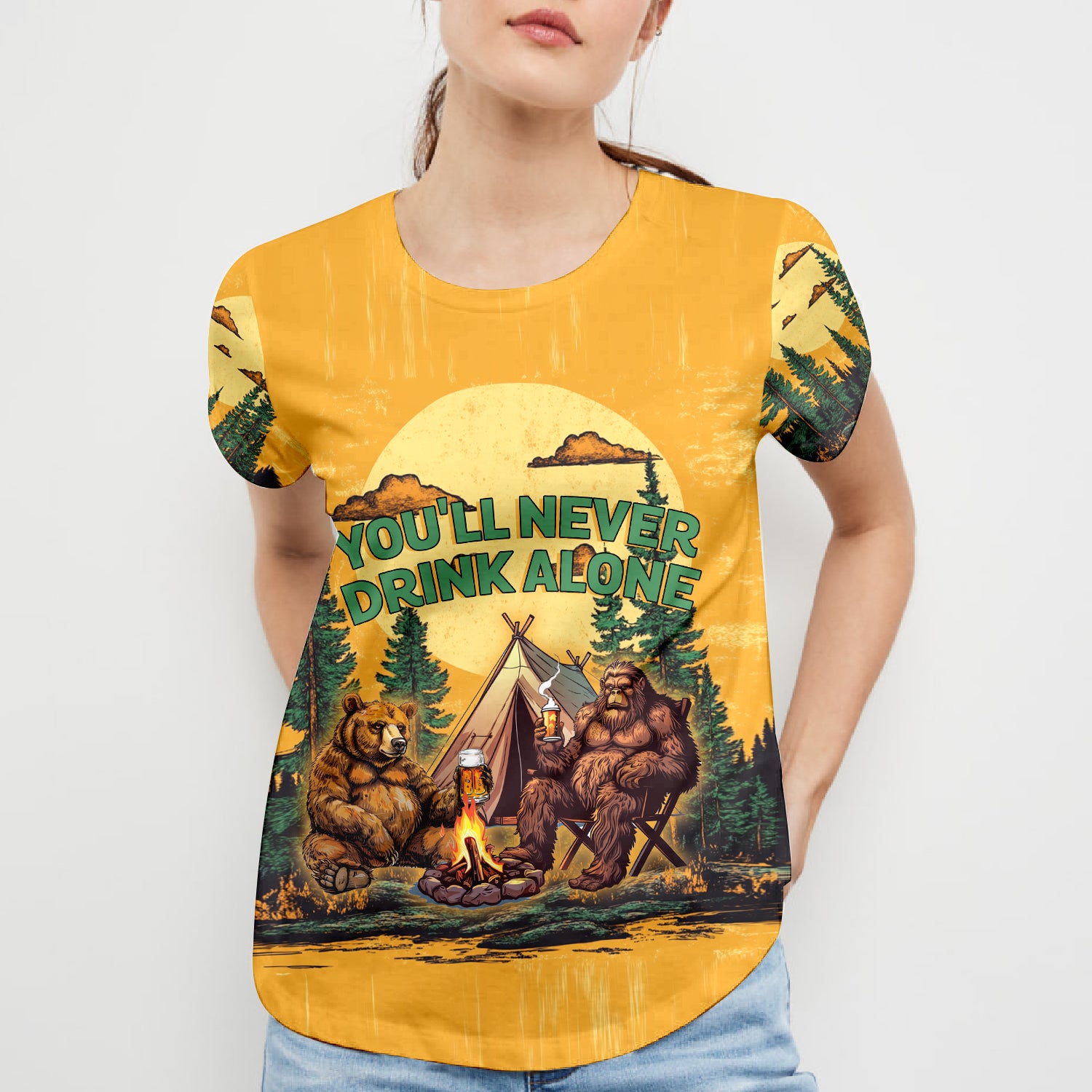 Bigfoot and Bear You'll Never Drink Alone All Over Print Shirt