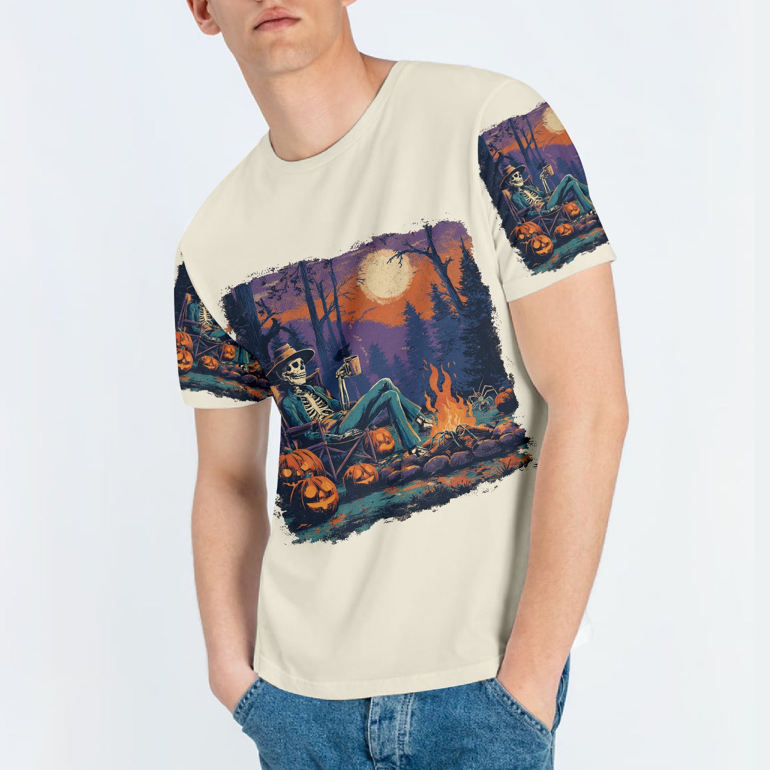Chilling Skeleton by the Campfire Vintage Halloween All Over Print Shirt