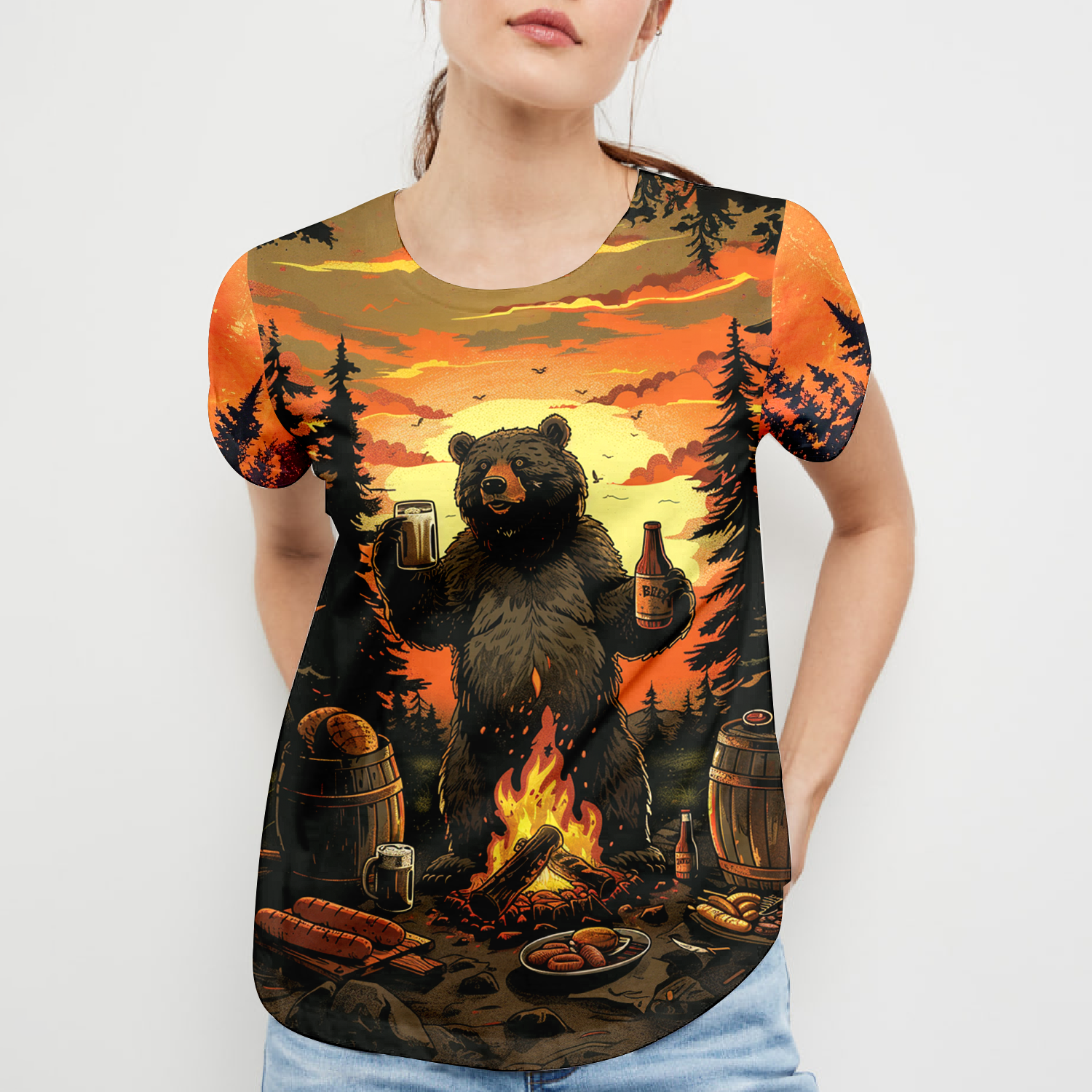 Funny Beer Bear Campfire All Over Print Shirt