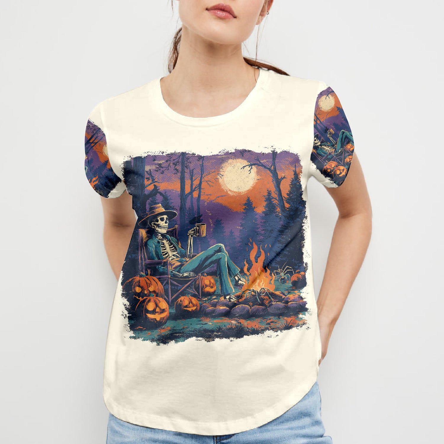 Chilling Skeleton by the Campfire Vintage Halloween All Over Print Shirt