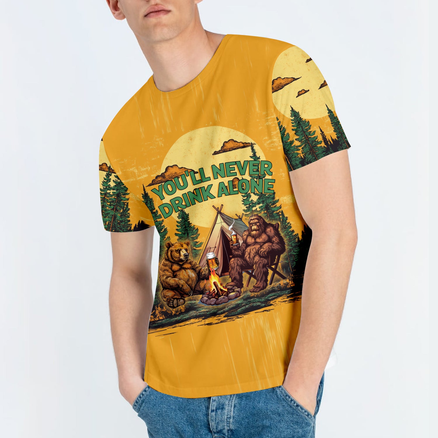 Bigfoot and Bear You'll Never Drink Alone All Over Print Shirt