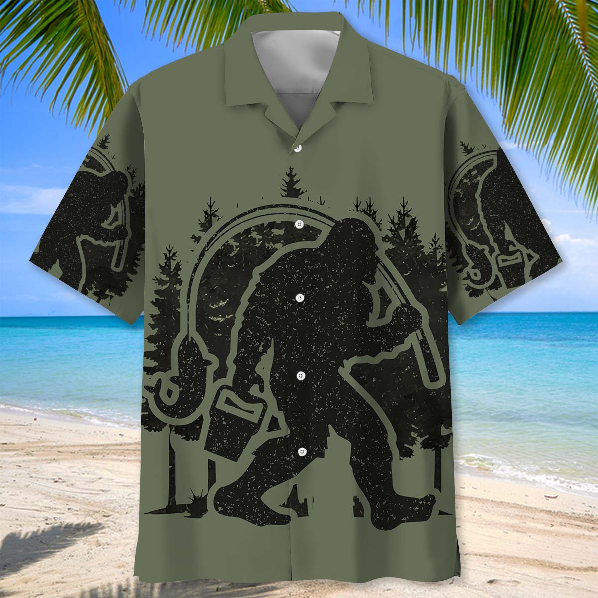 Bigfoot Fishing Green Military Hawaiian Shirt