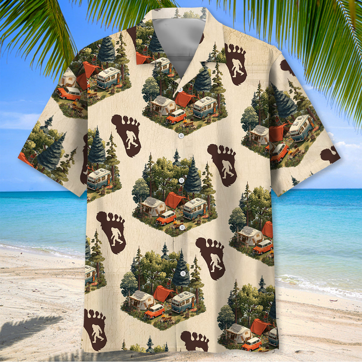 Retro Camping with Bigfoot Tracks Hawaiian Shirt