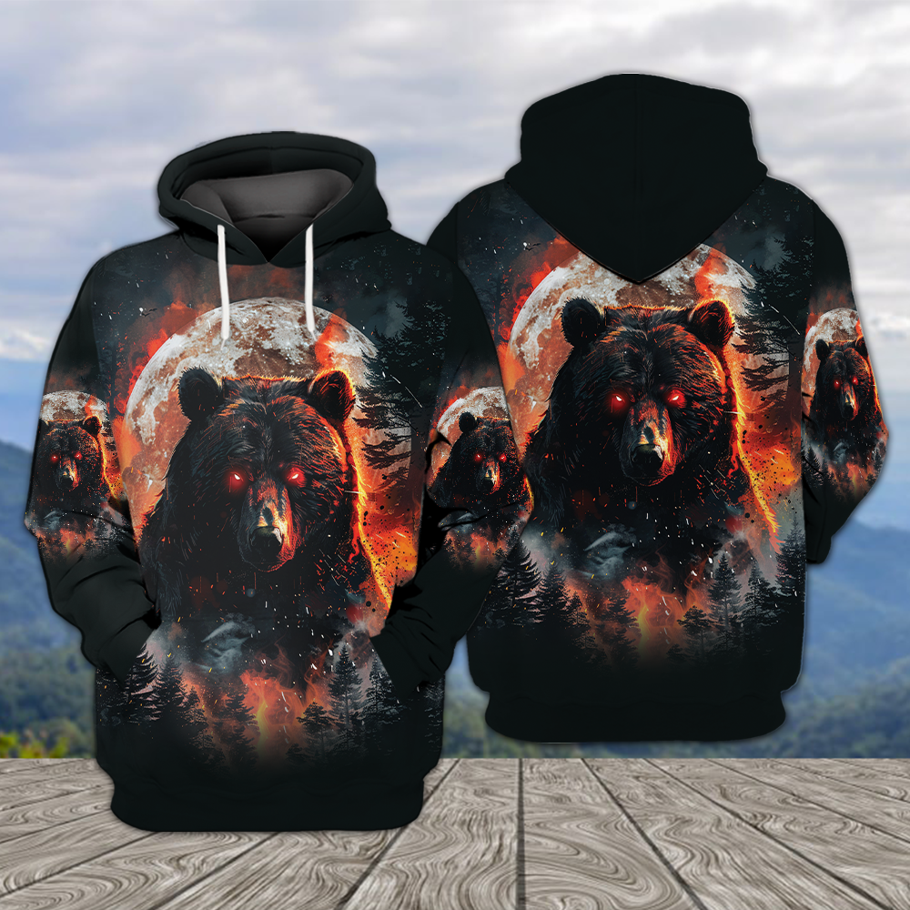 Fire Bear Adventure Dark Night Forest All Over Print Shirt