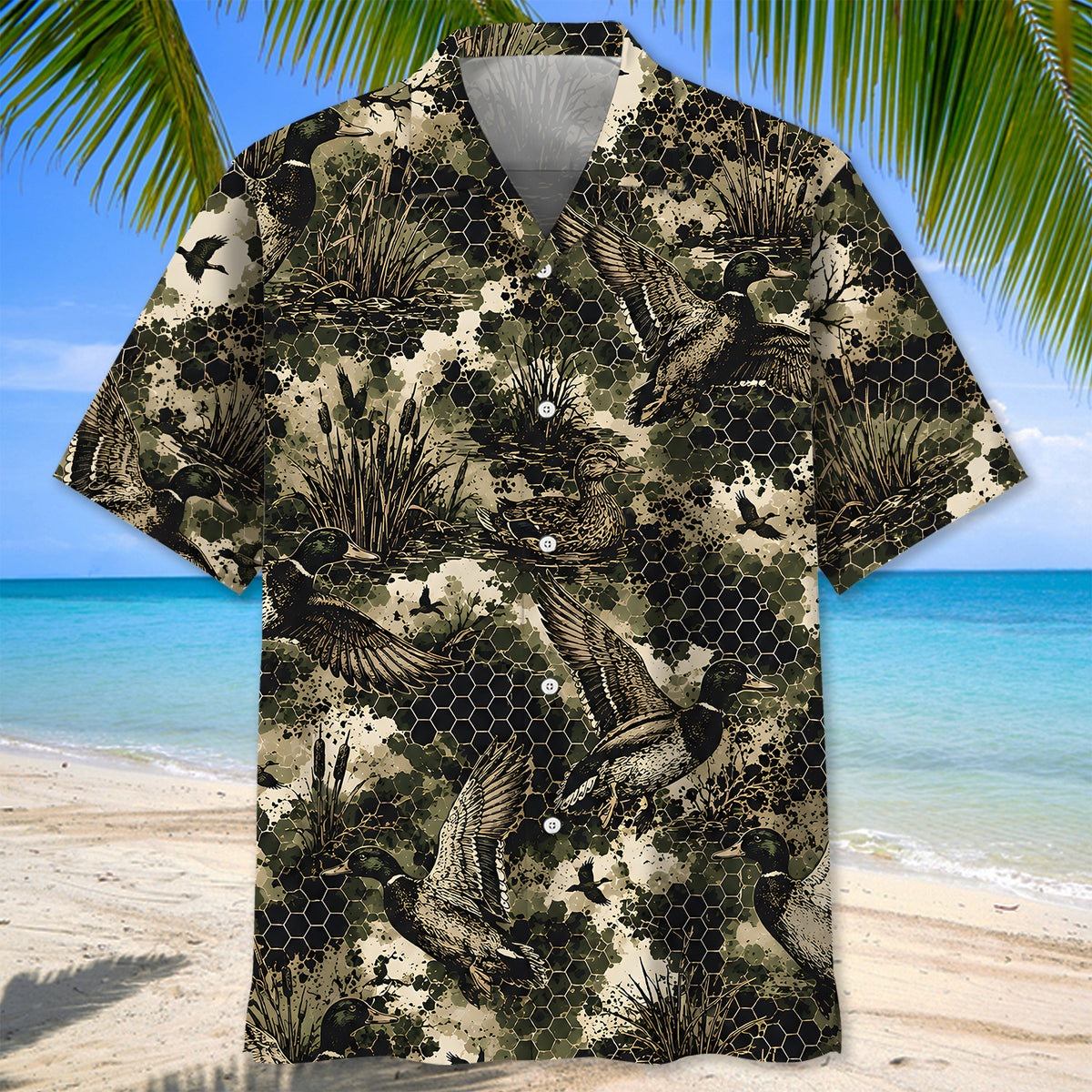 Tactical Hexagonal Duck Hunting Camo Hawaiian Shirt