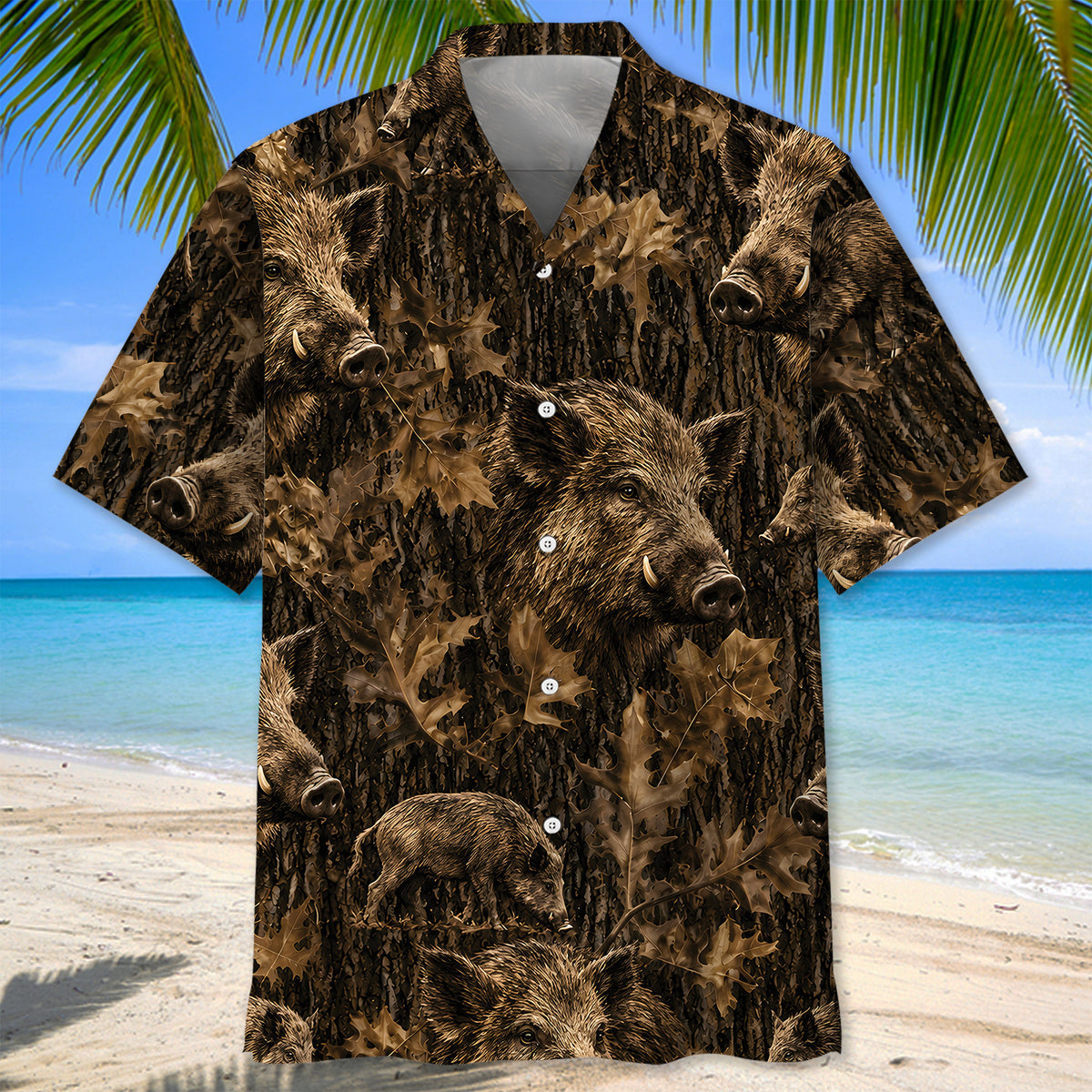 Vintage Feral Pig Art Camo Hawaiian Shirt