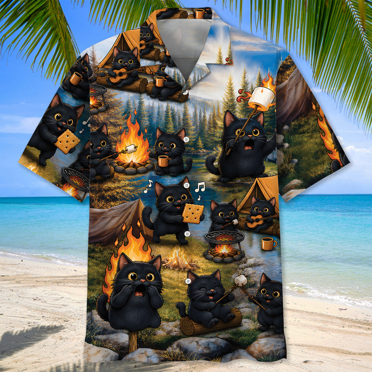 Vintage Black Cat Camping Hawaiian Shirt