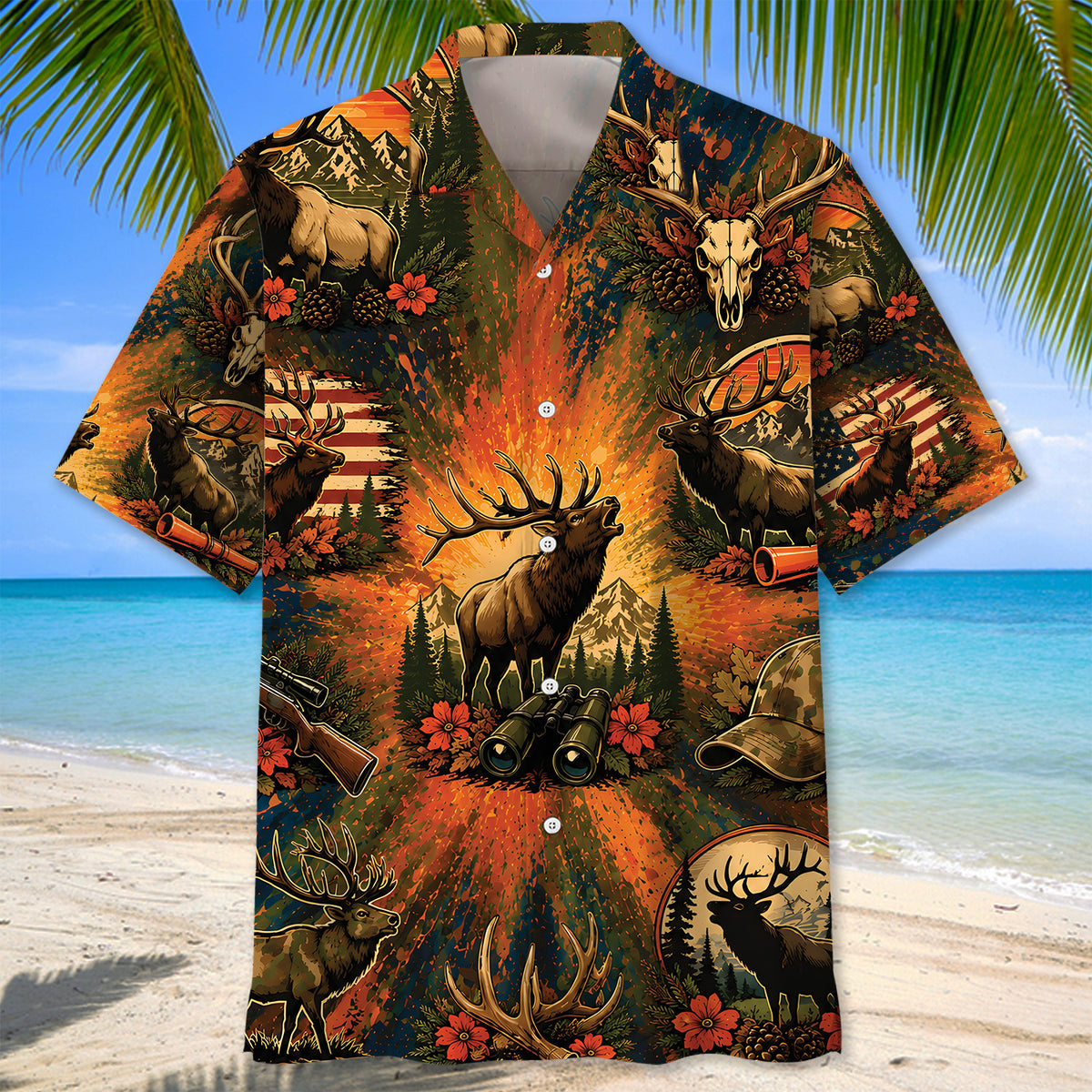 Colorful Elk Hunting Vintage Art Hawaiian Shirt