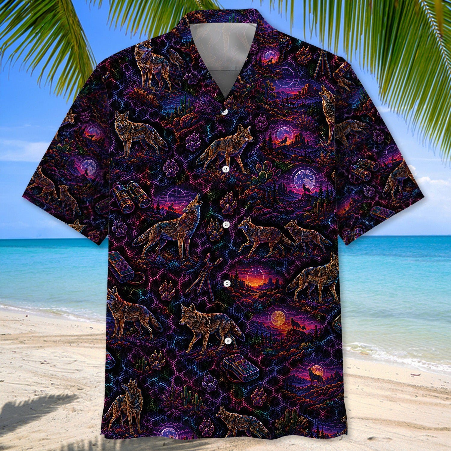 Midnight Coyote Neon Hawaiian Shirt
