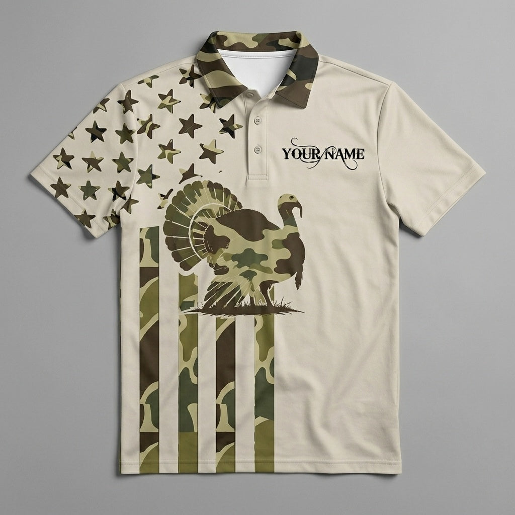 Custom Name Wild Turkey Hunting Camouflage Style Men Polo Shirt