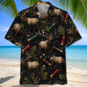 Vintage Elk Hunting Camouflage Black Hawaiian Shirt