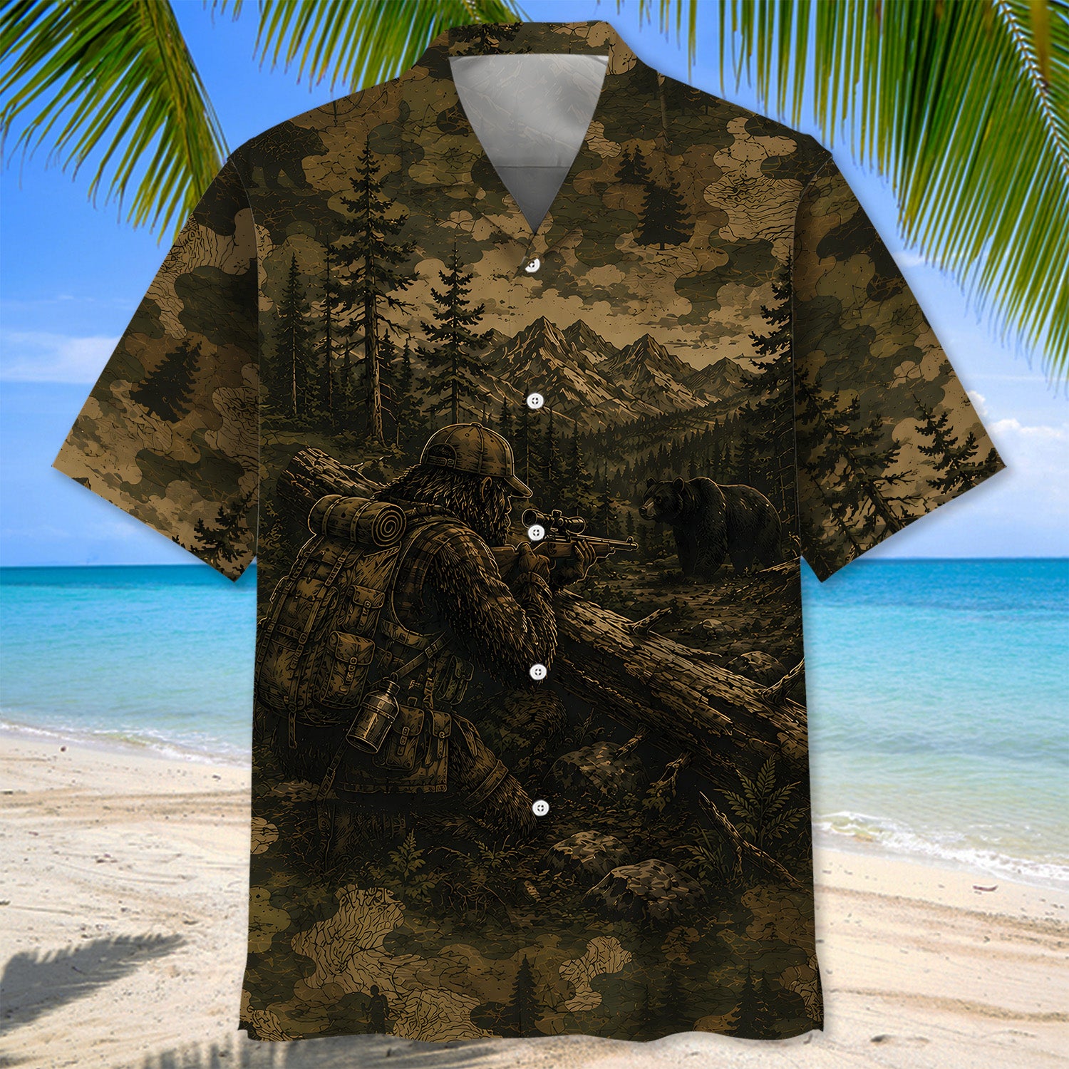 Bigfoot Black Bear Hunting Camouflage Funny Hawaiian Shirt
