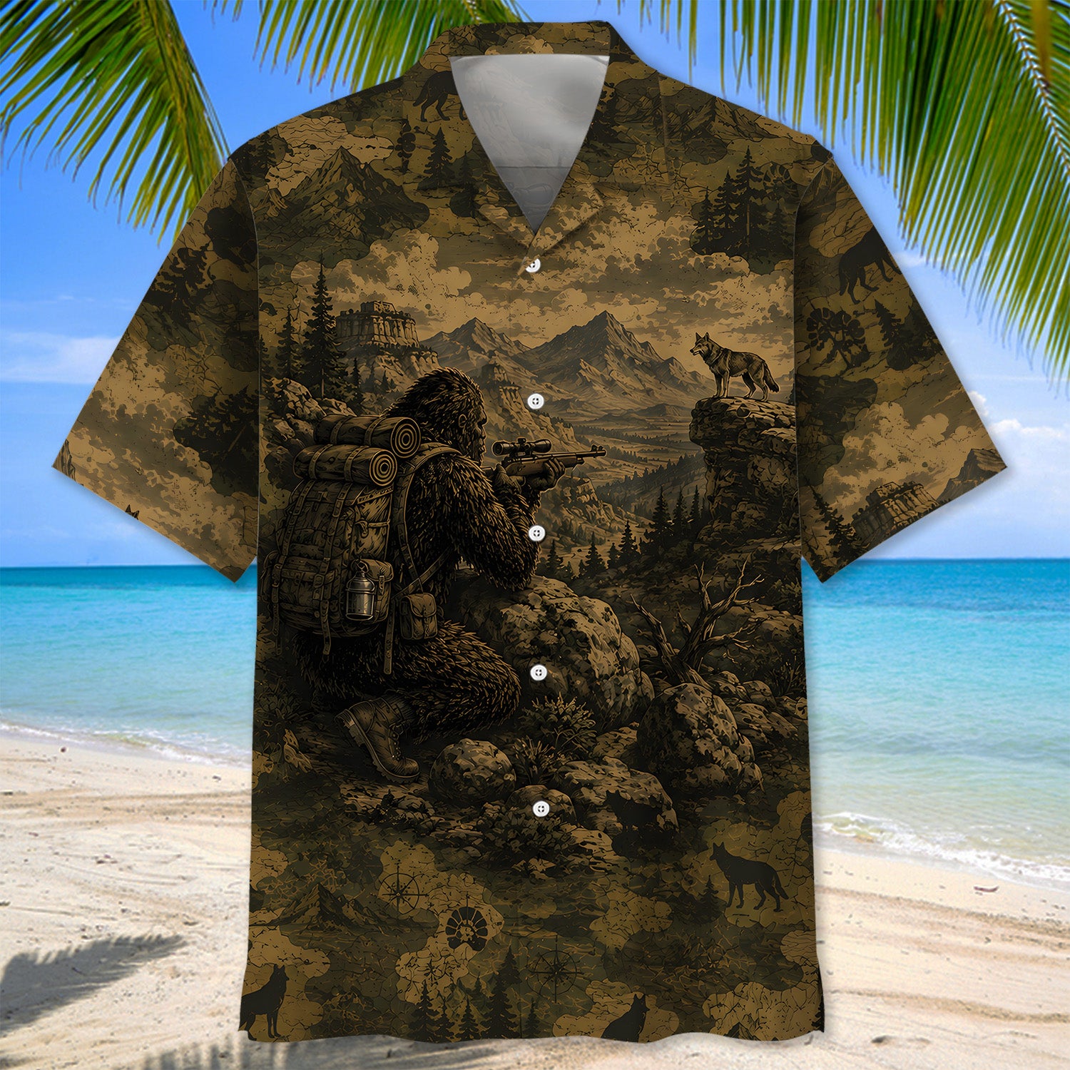Bigfoot Coyote Hunting Camouflage Funny Hawaiian Shirt