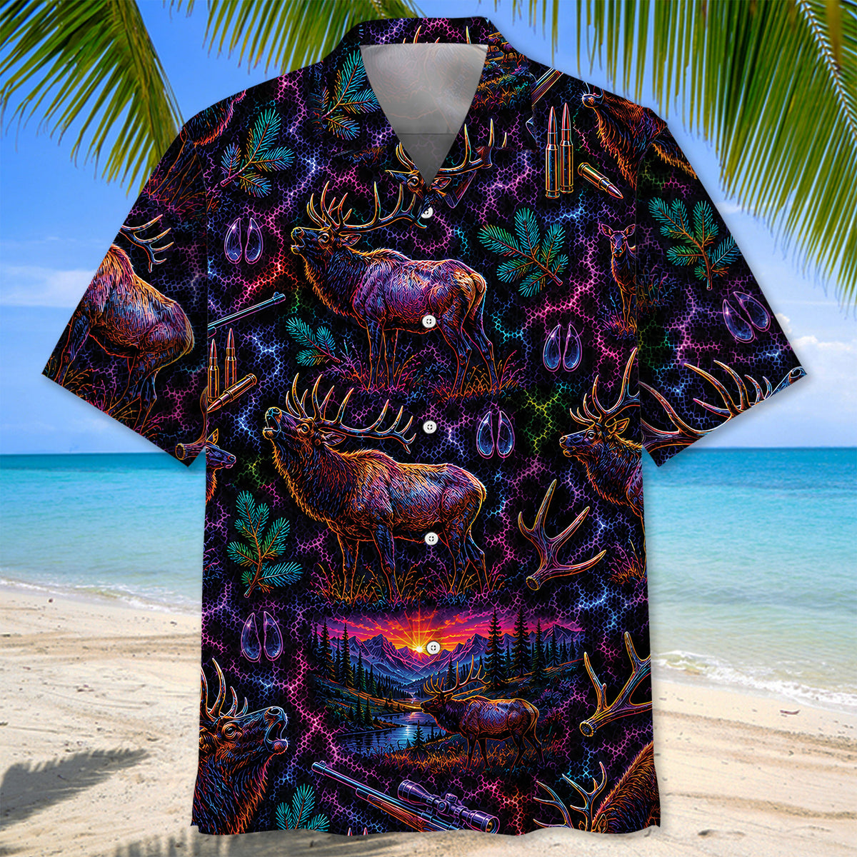 Midnight Elk Hunting Neon Hawaiian Shirt
