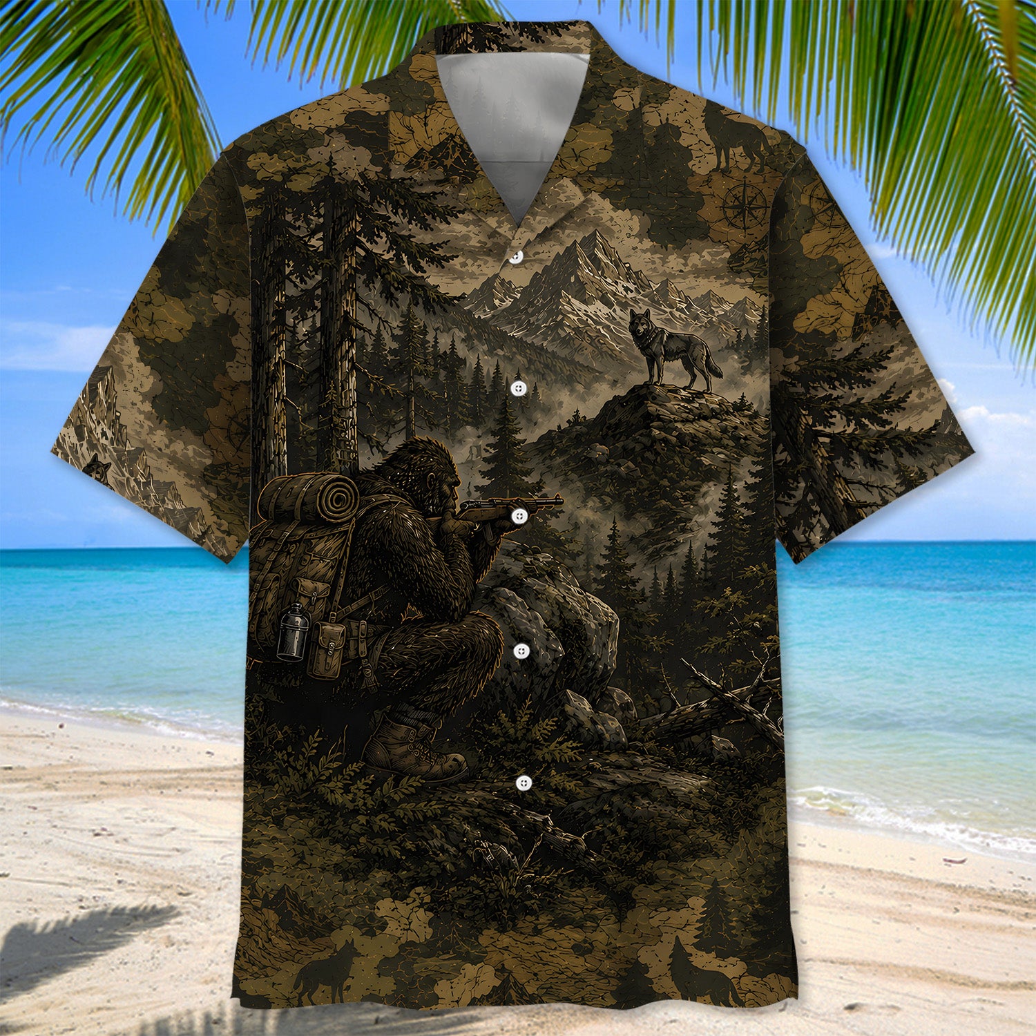 Bigfoot Wolf Hunting Camouflage Funny Hawaiian Shirt