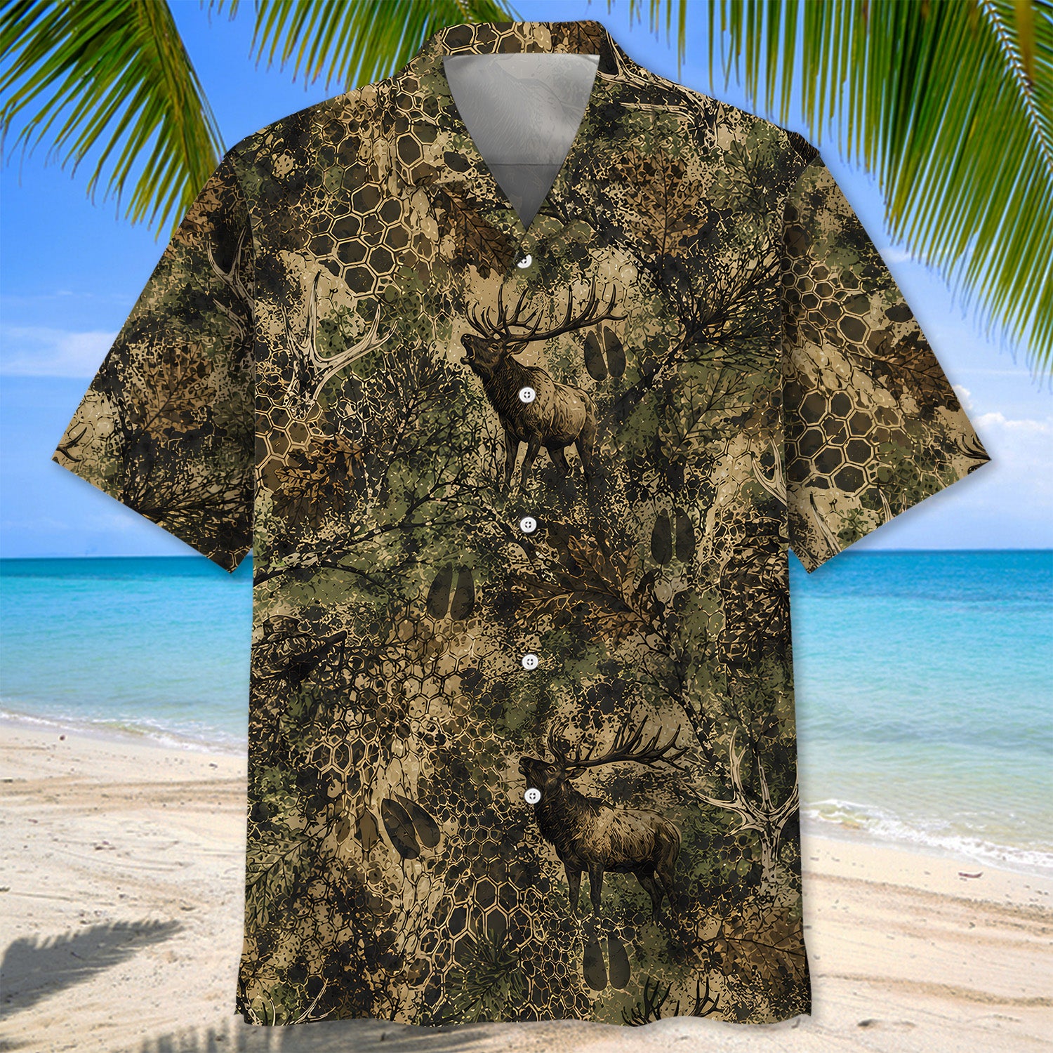 Elk Hunting Hex Camo Hawaiian Shirt