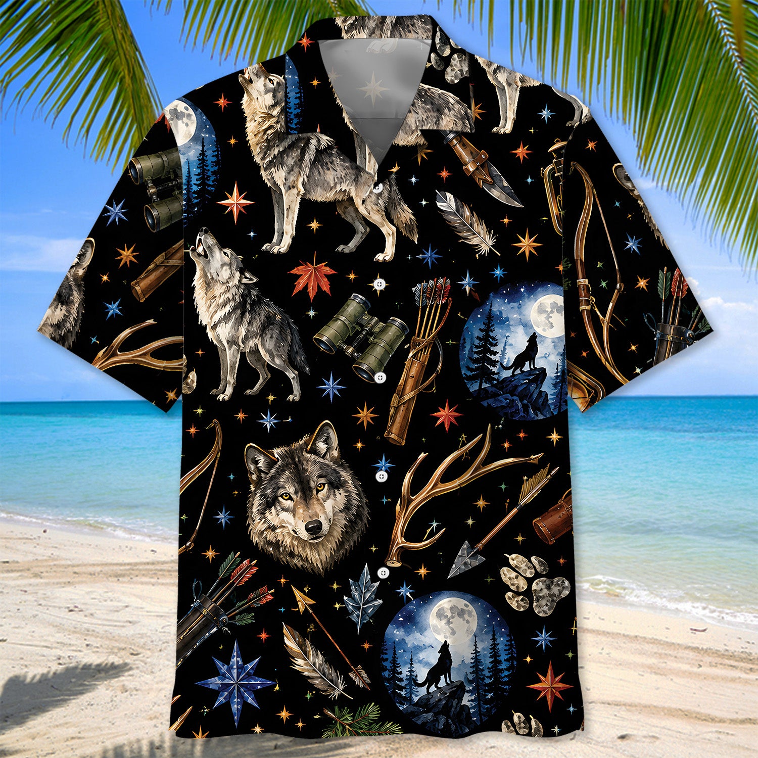 Wolf Hunting Retro Black Hawaiian Shirt