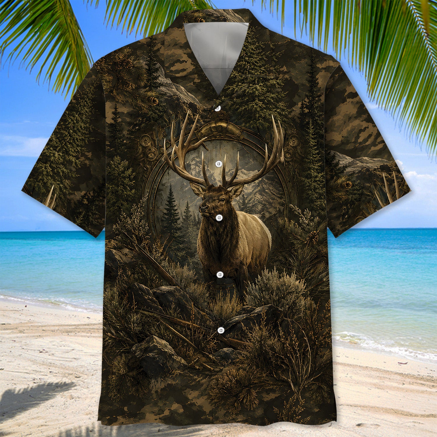 Elk Hunting Dark Camo Hawaiian Shirt