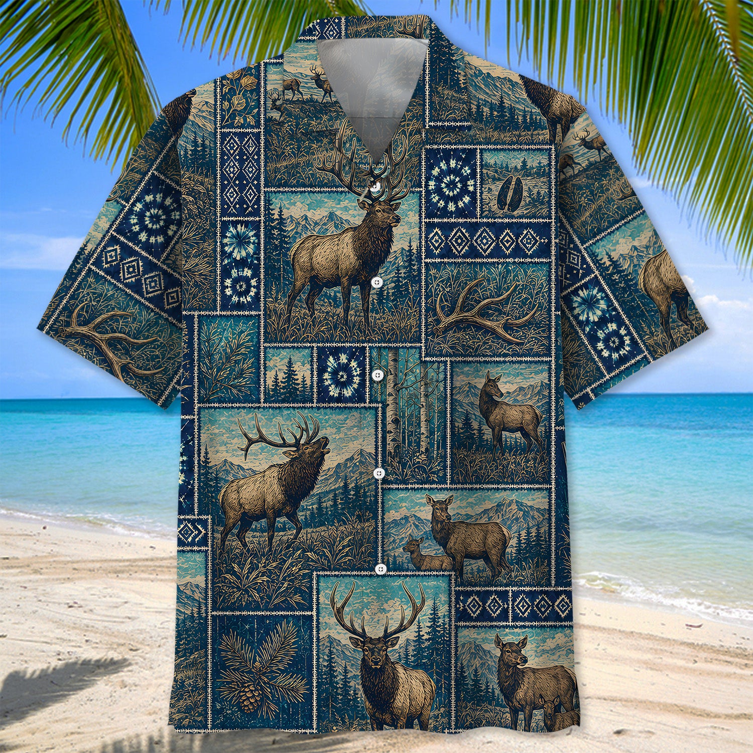 Vintage Blue Elk Hunting Hawaiian Shirt