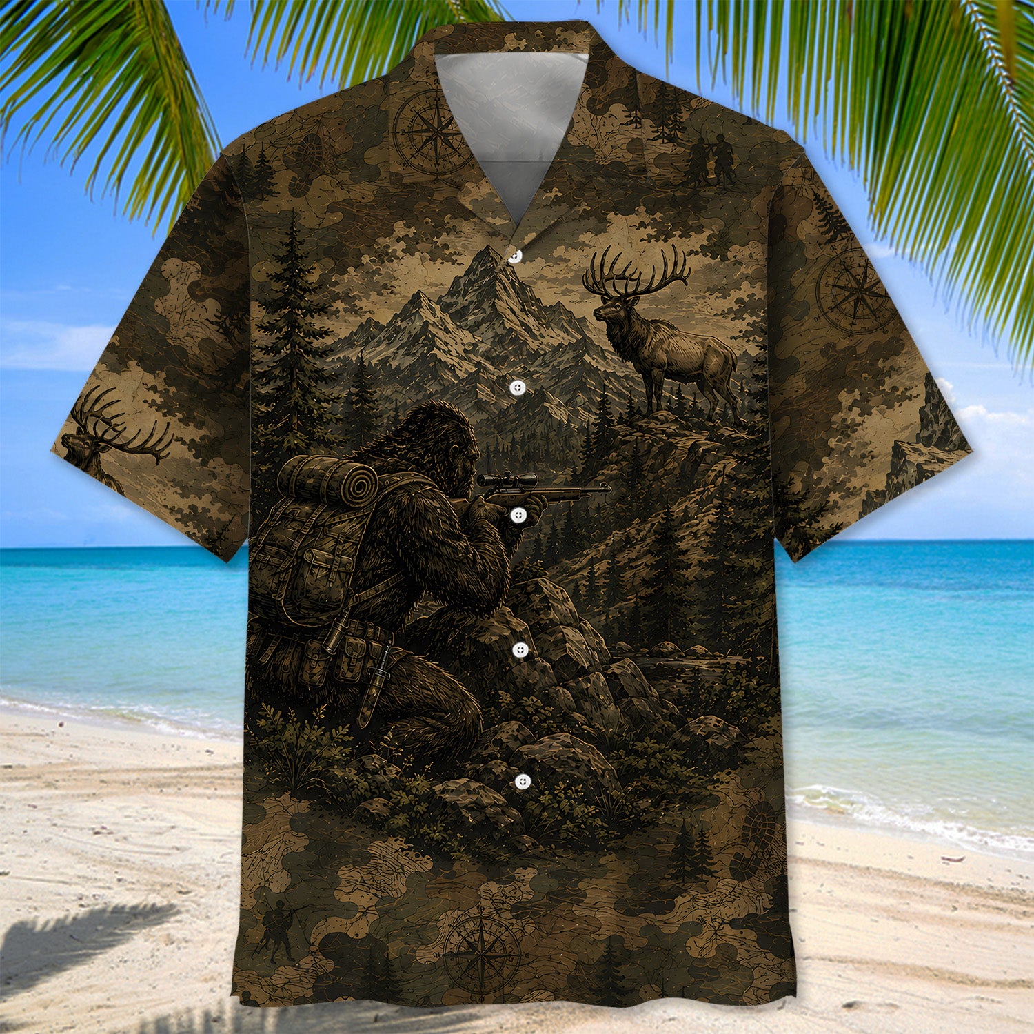 Bigfoot Elk Hunting Camouflage Funny Hawaiian Shirt