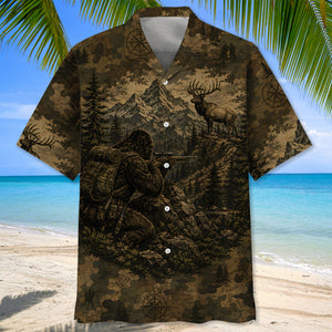Bigfoot Elk Hunting Camouflage Funny Hawaiian Shirt