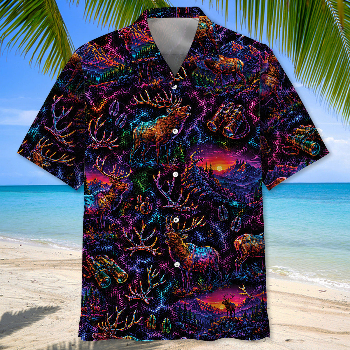 Midnight Elk Hunting Neon Hawaiian Shirt