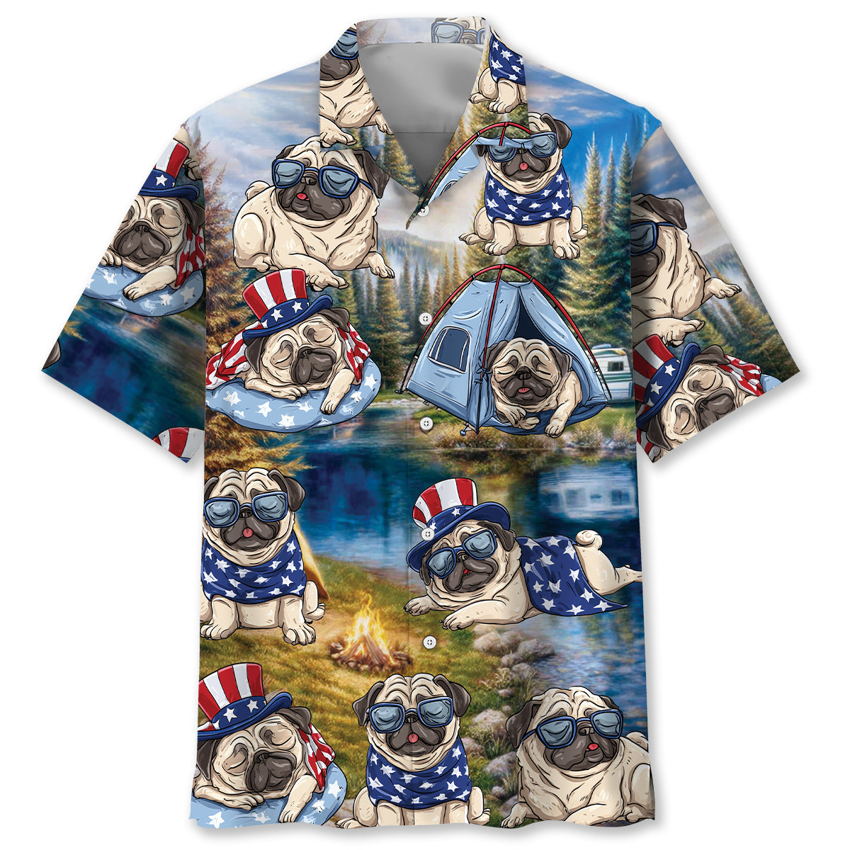 America Funny Pug Camping Hawaiian Shirt