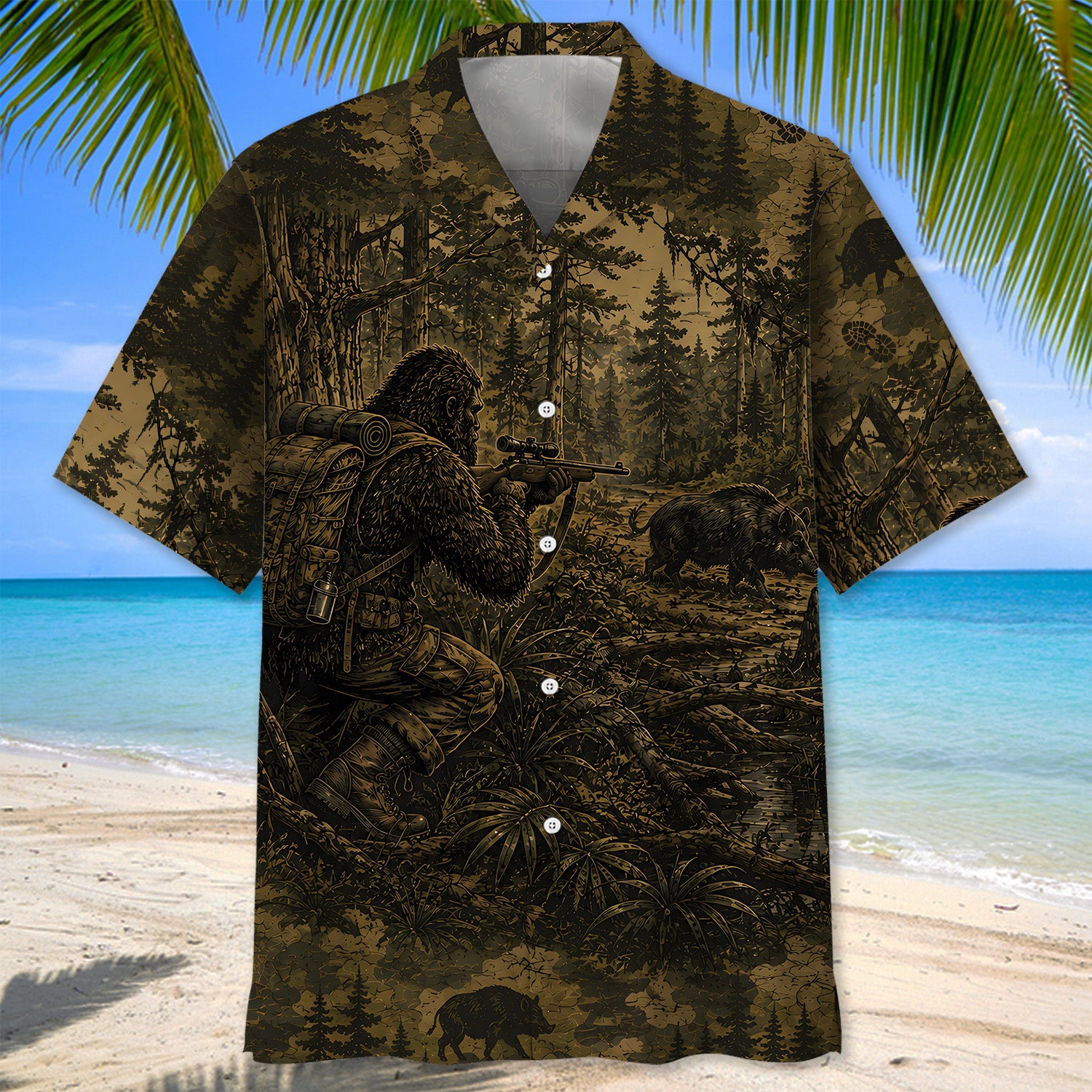 Bigfoot Hog Hunting Camouflage Funny Hawaiian Shirt