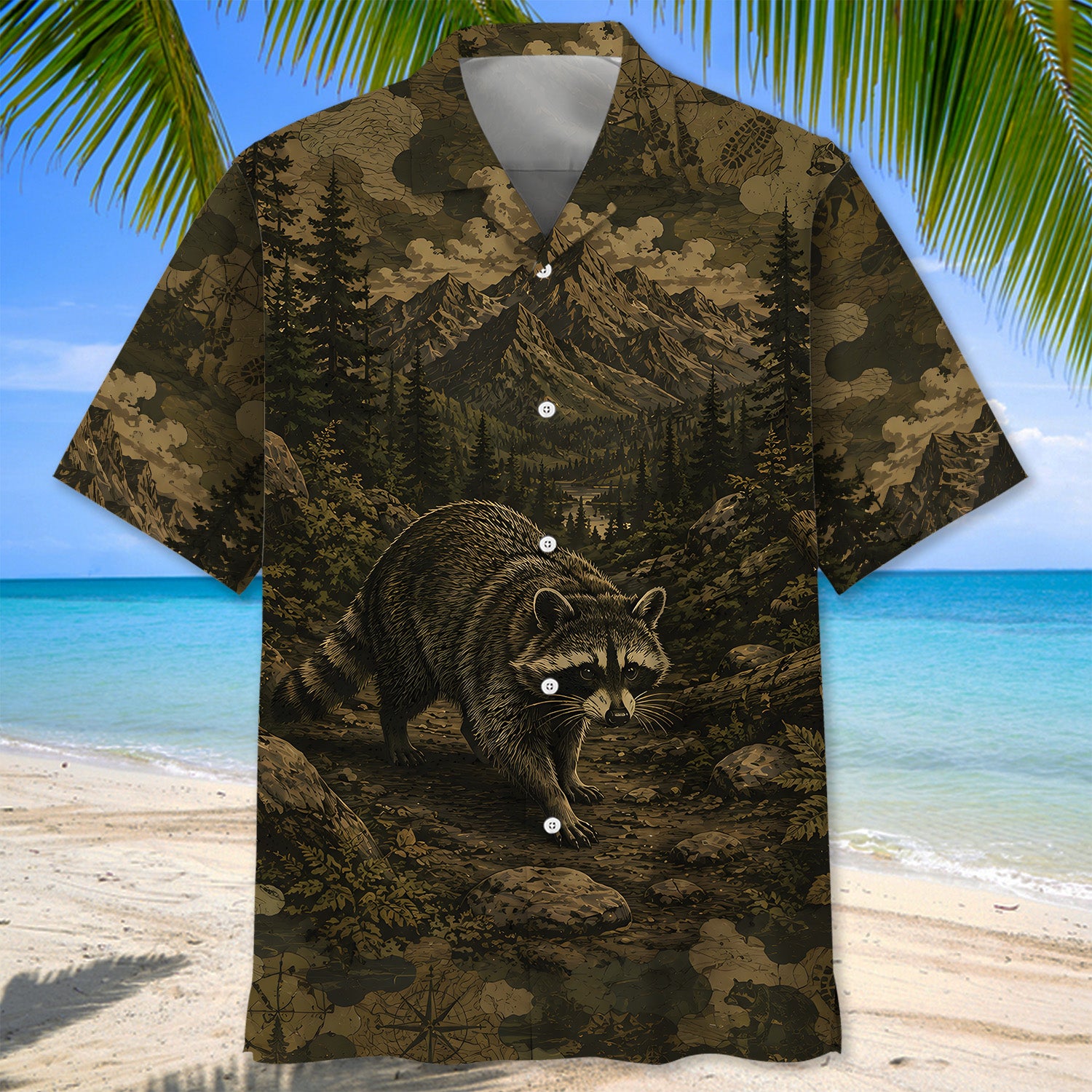 Raccoon Forest Camouflage Dark Hawaiian Shirt