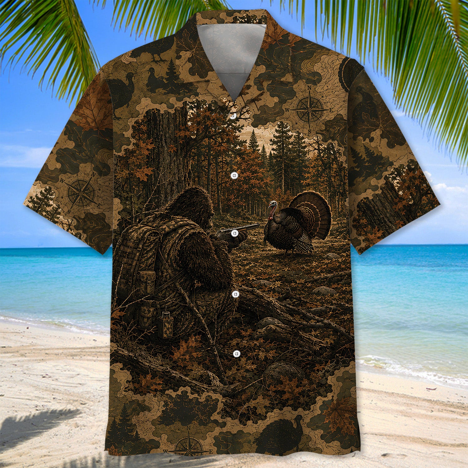Bigfoot Wild Turkey Hunting Camouflage Funny Hawaiian Shirt