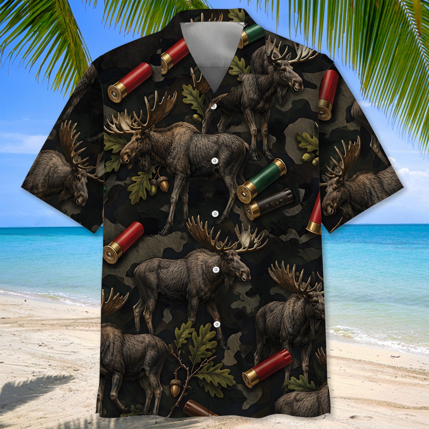 Vintage Moose Hunting Camouflage Black Hawaiian Shirt