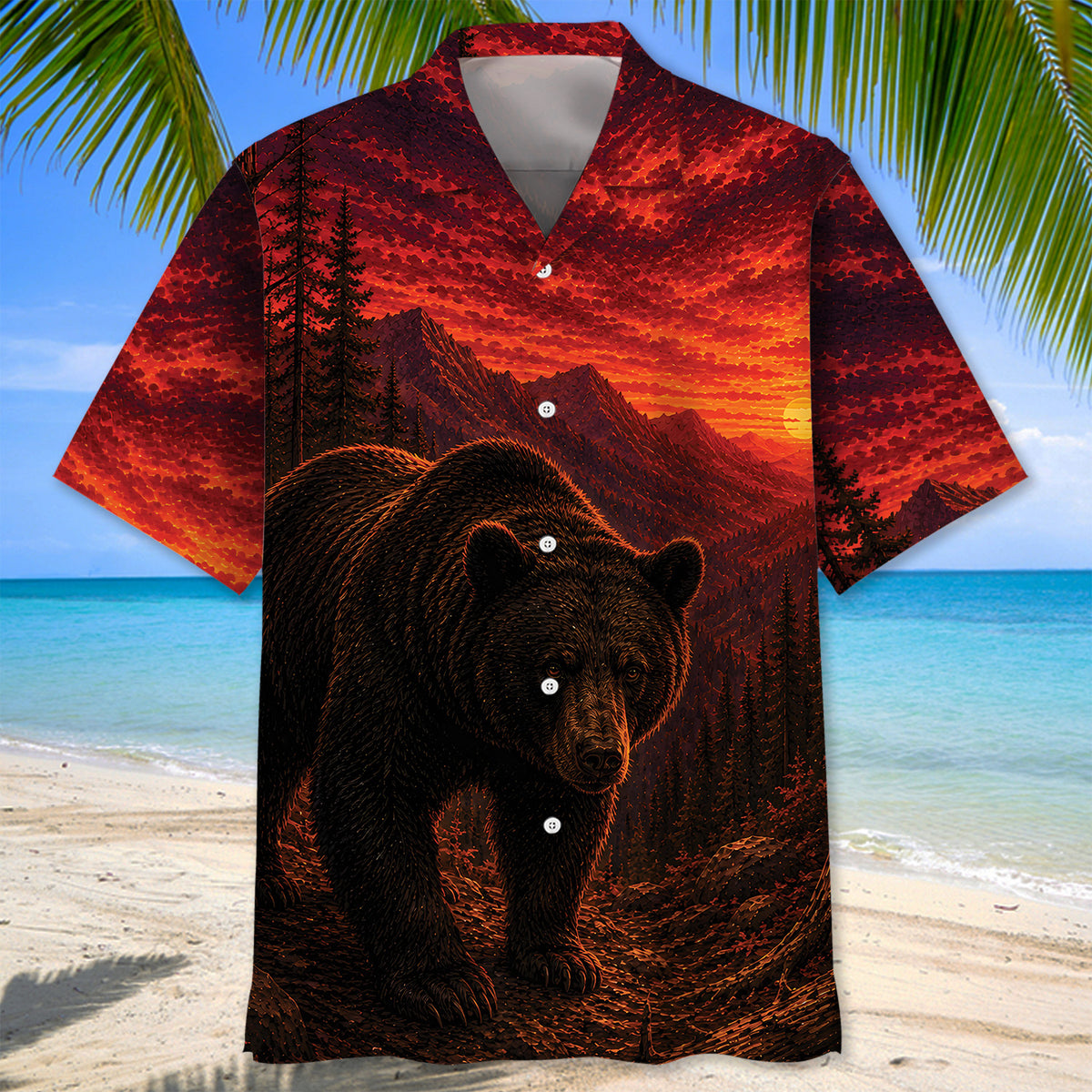 Black Bear Hunting Burnt Sky Hawaiian Shirt