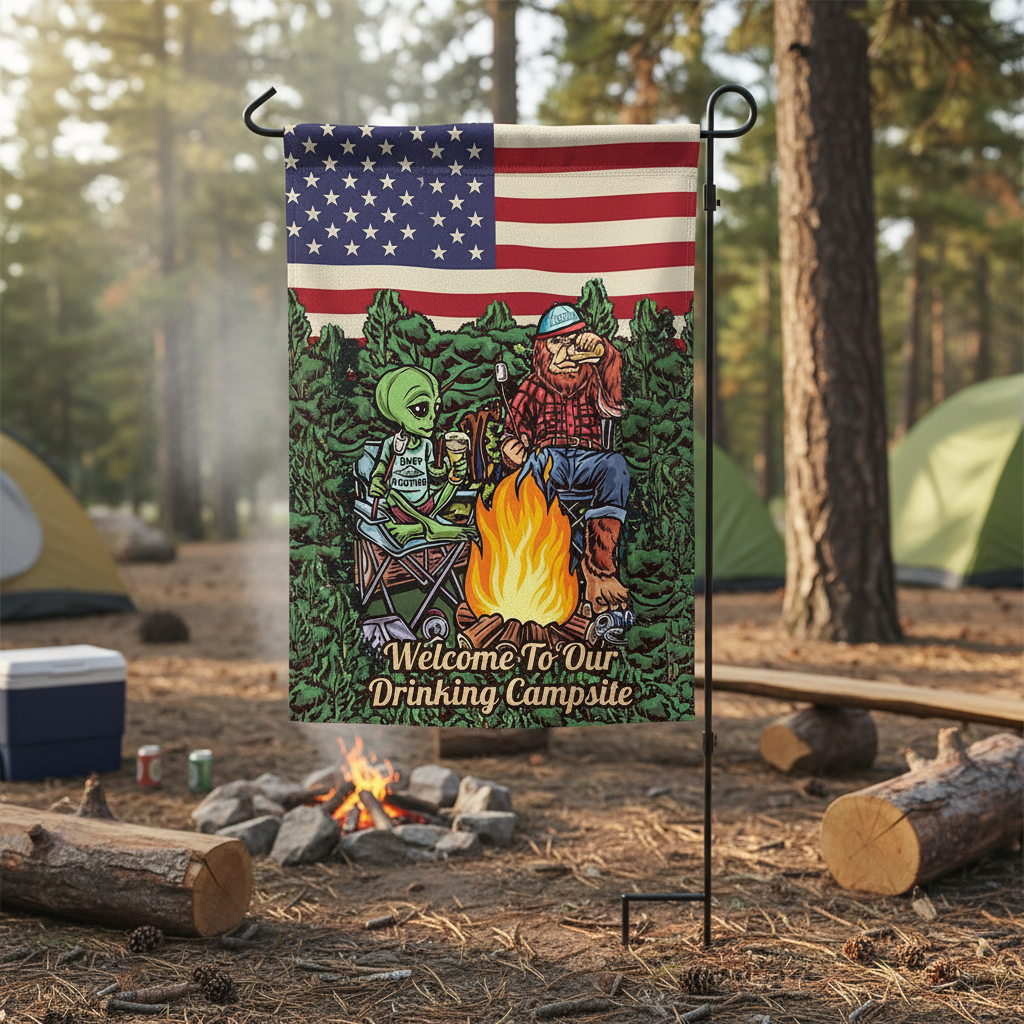 Welcome To Our Drinking Campsite Alien Bigfoot Camping Flag Decor