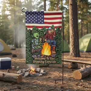 Welcome To Our Drinking Campsite Alien Bigfoot Camping Flag Decor