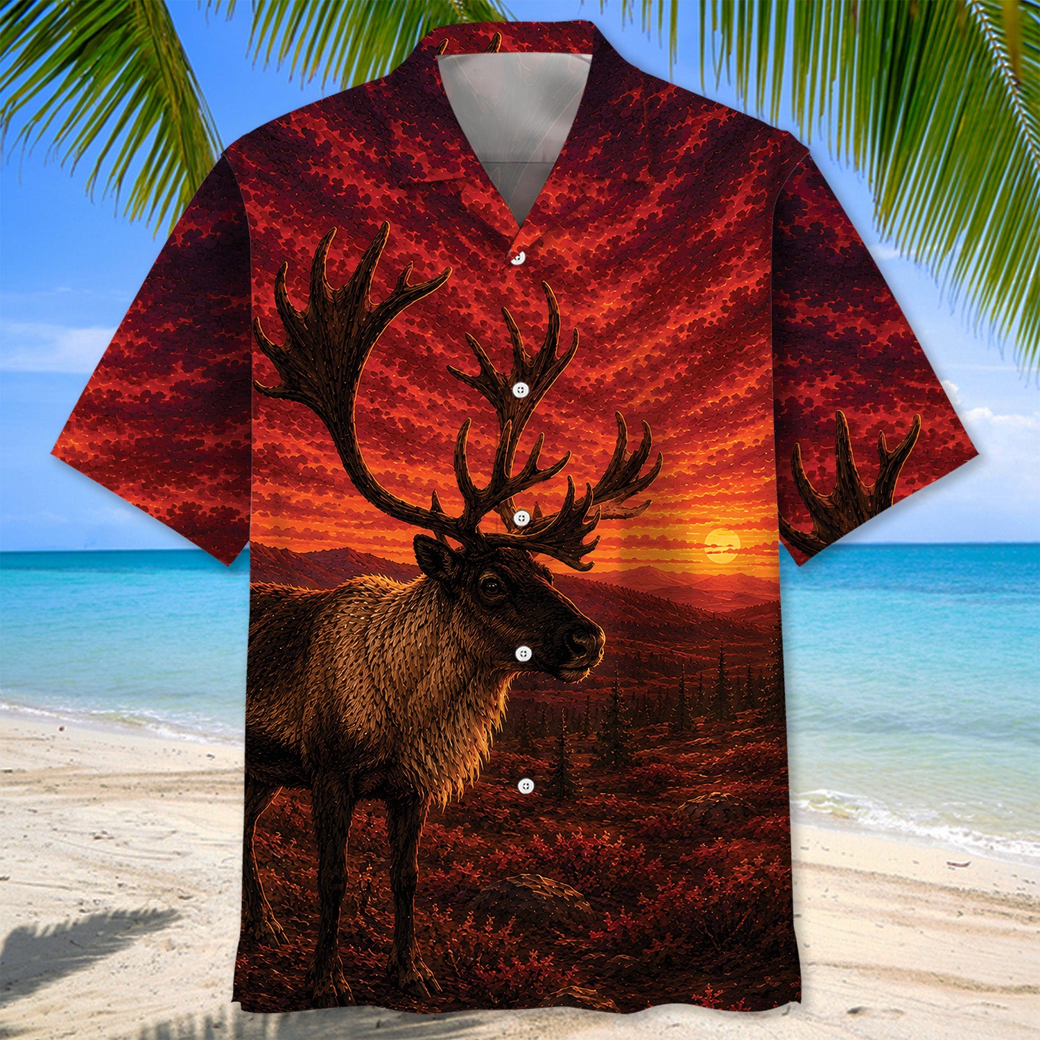 Caribou Hunting Burnt Sky Hawaiian Shirt