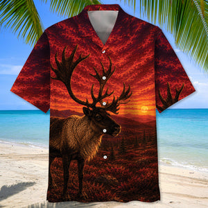 Caribou Hunting Burnt Sky Hawaiian Shirt