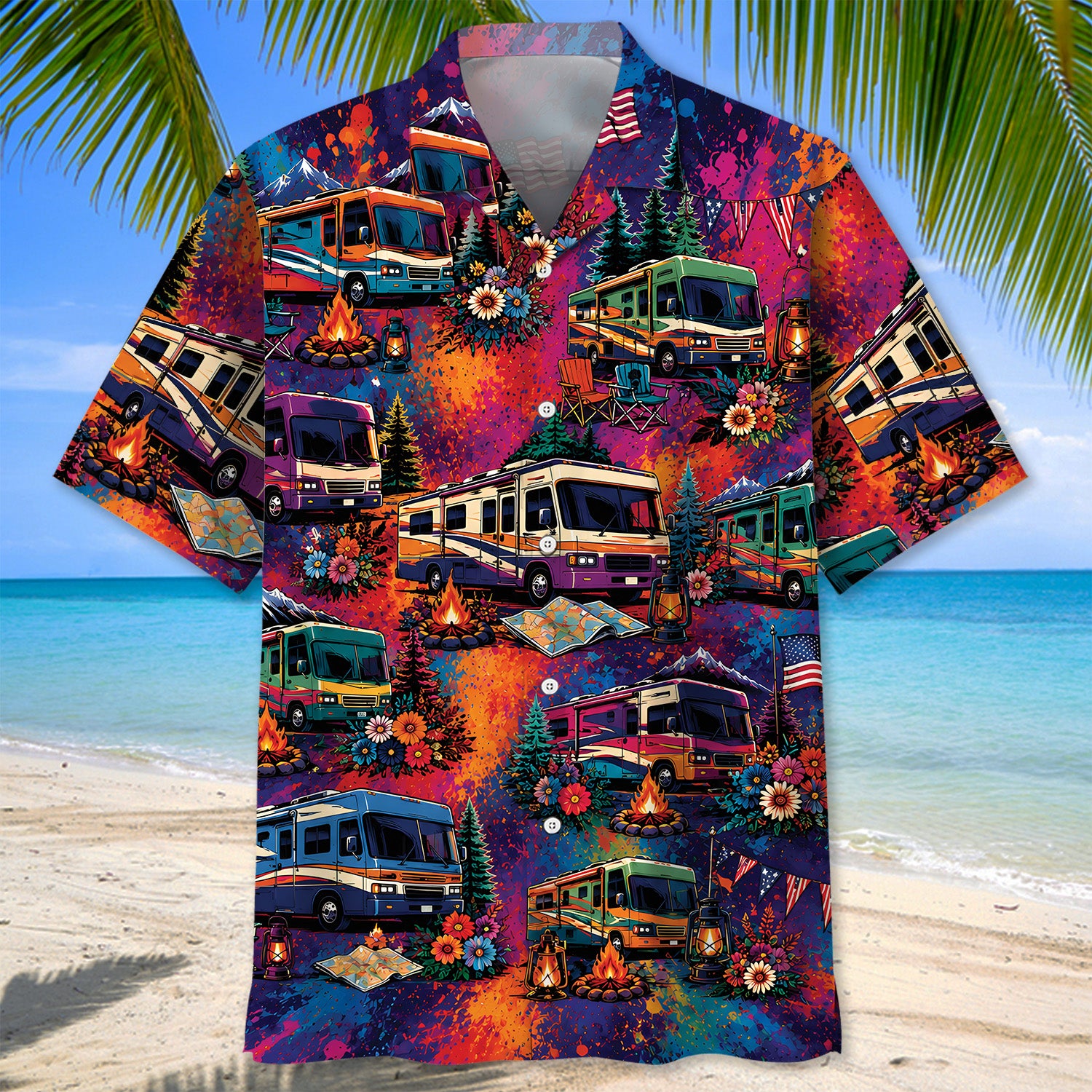 Colorful Class A motorhome Vintage Art Hawaiian Shirt