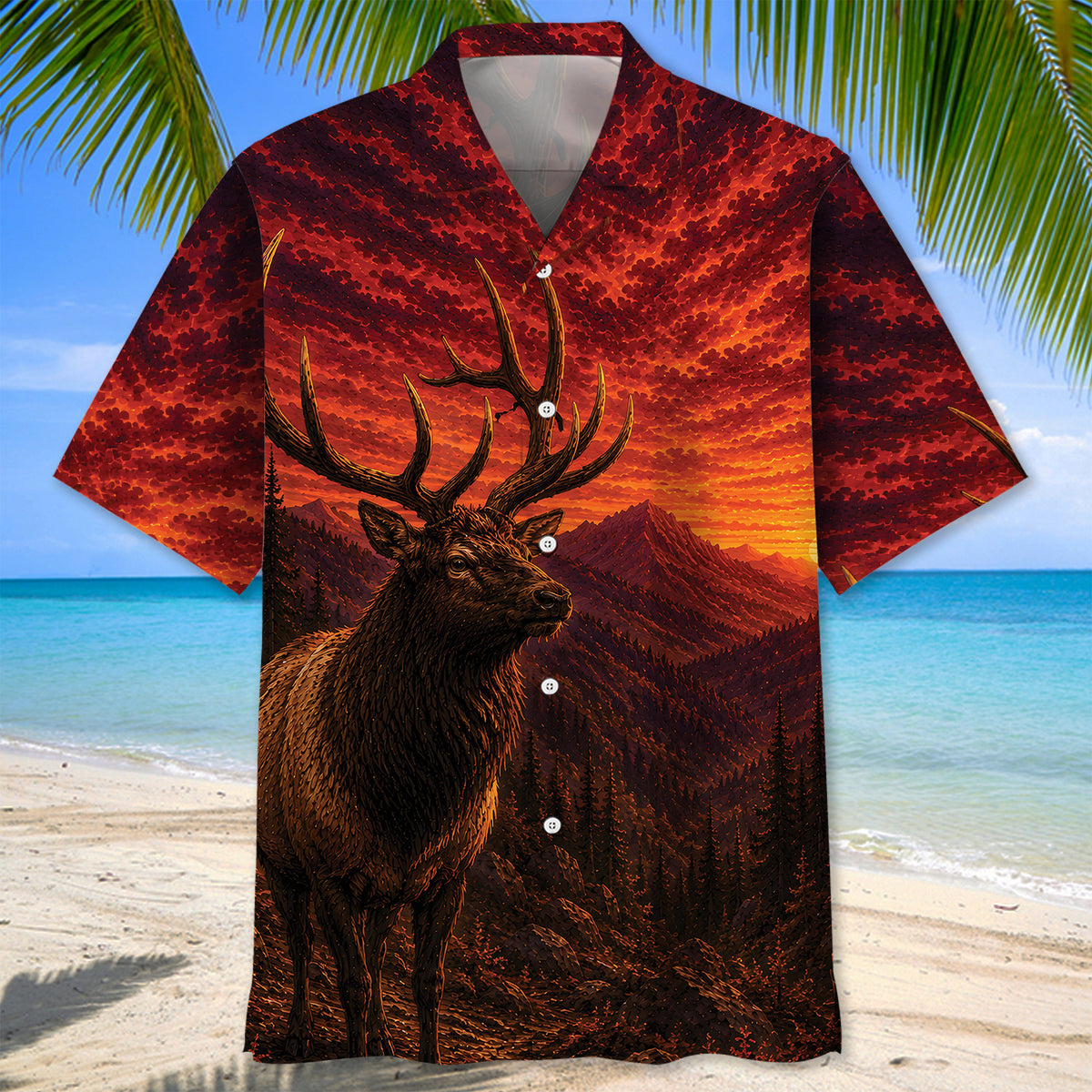 Elk Hunting Burnt Sky Hawaiian Shirt