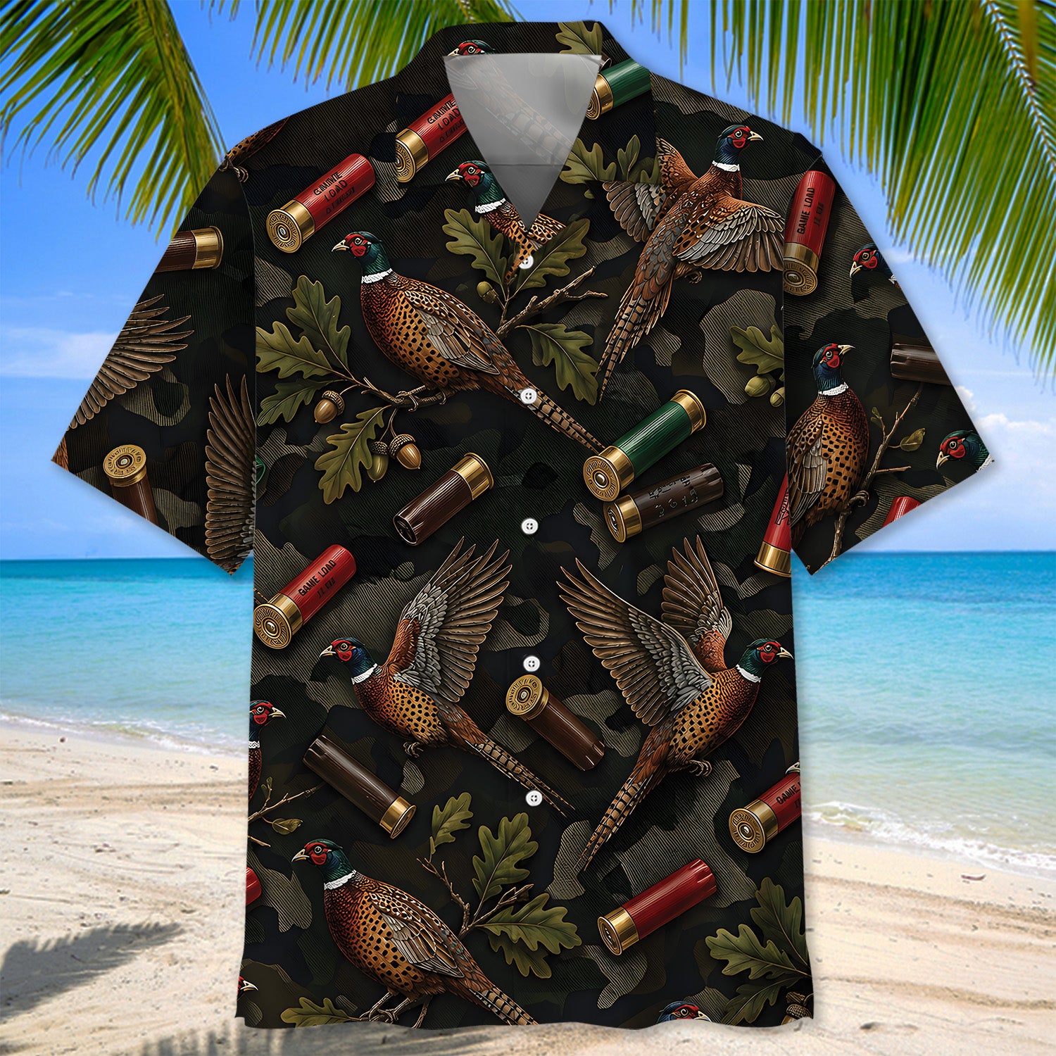 Vintage Pheasant Hunting Camouflage Black Hawaiian Shirt
