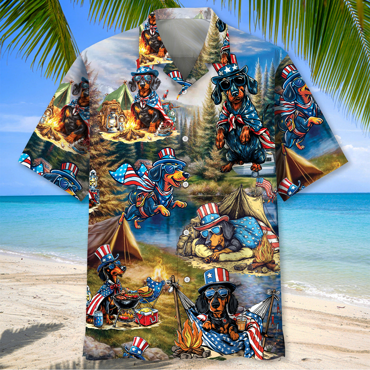 America Funny Dachshund Camping Hawaiian Shirt