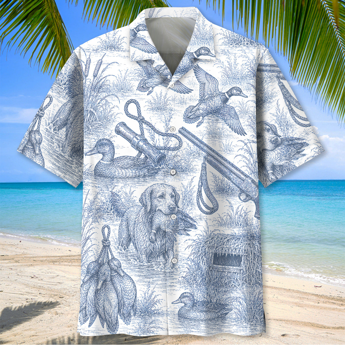 Blue and White Duck Hunting Hawaiian shirt