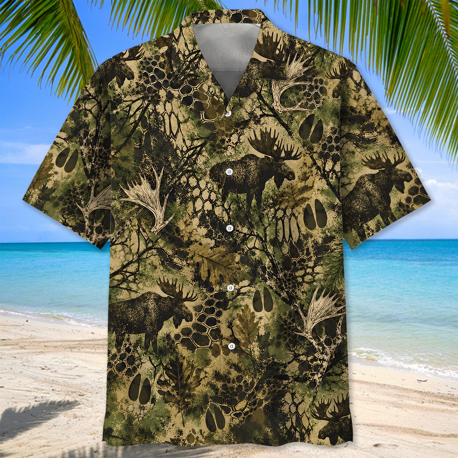 Moose Hunting Hex Camo Hawaiian Shirt