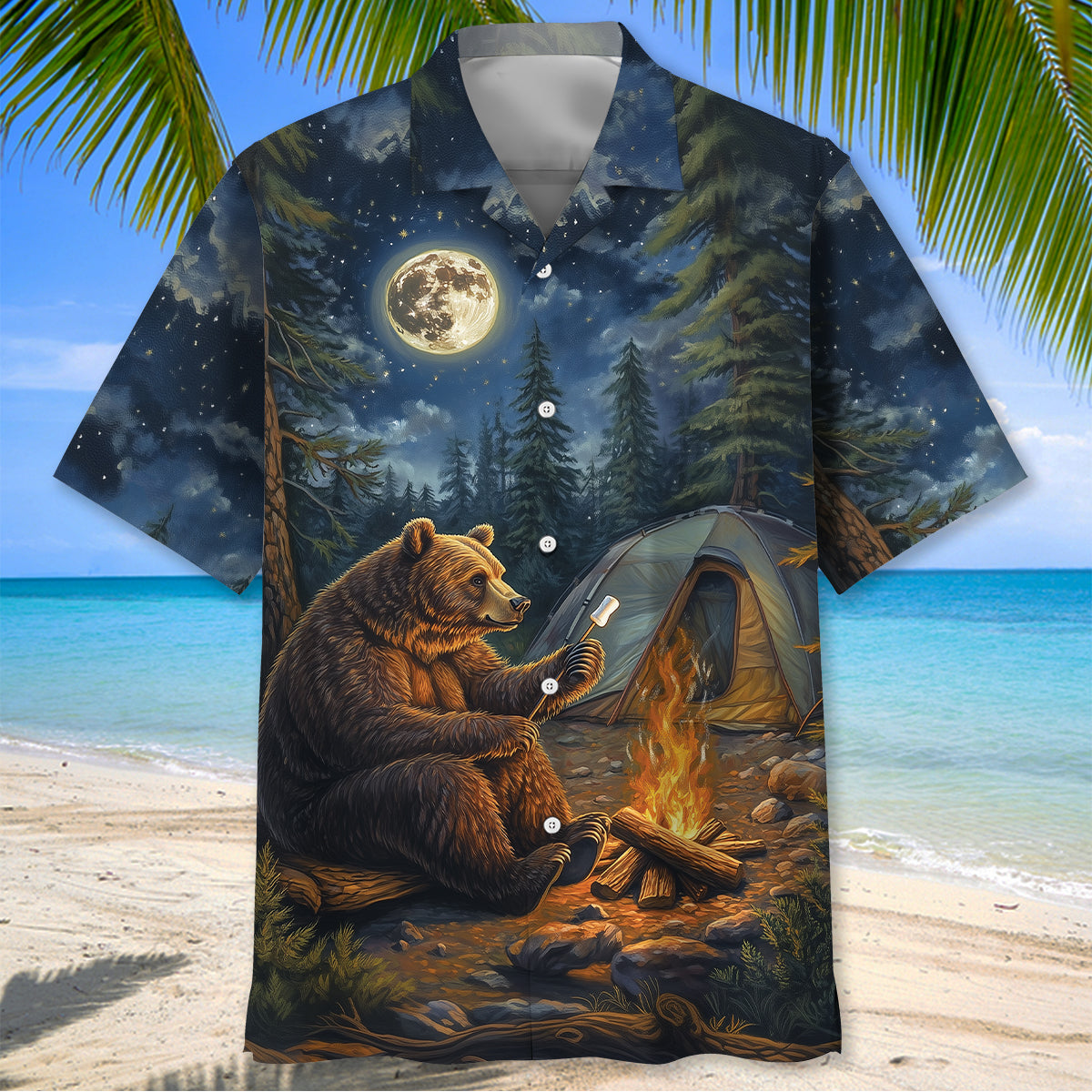 Grizzly Bear Sitting By The Campfire Hawaiian Shirt